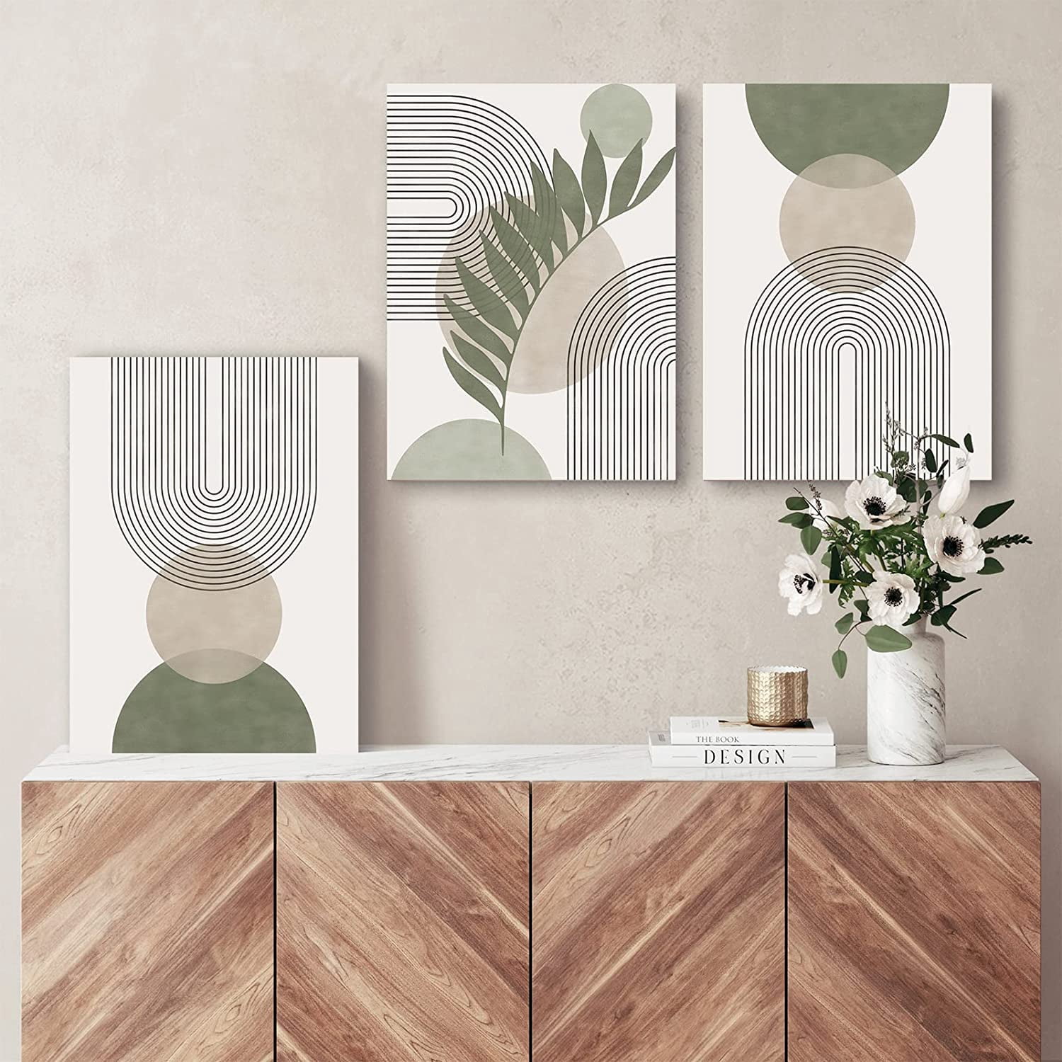 Sage Green Boho Wall Art Set of 3 Minimalist Framed Wall Art Geometric Line Leaf Sun Moon Beige Green Canvas Artwork Paintings Abstract Botanical Boho Room Decor Sage Green Wall Art 12"x16"
