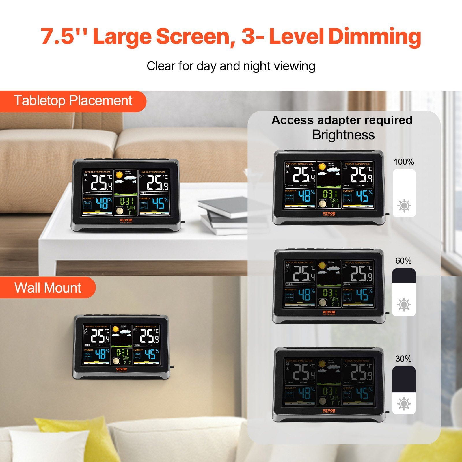 Wireless Weather Station with Indoor Outdoor Thermometer, 7.5" Color Display, Atomic Clock, Forecast, Calendar & Alarms