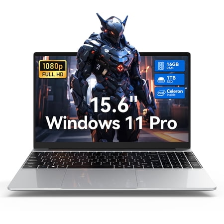 15.6 inch Portable Laptop, HD Display, Intel Quad-Core N100 Processor, 16GB RAM, 1TB Storage, Wi-Fi 5, Webcam, HDMI, Numeric Keypad, Windows 11 Pro