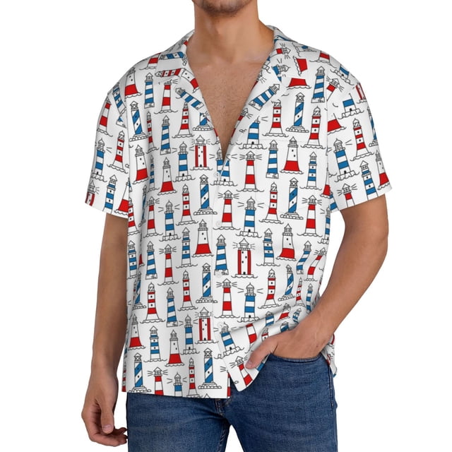 Fotbe Lighthouse And Beacon Camisa Estampada de Manga Corta para Hombre, Casual de Verano, Estilo Playero, Sin Arrugas-4X-Large