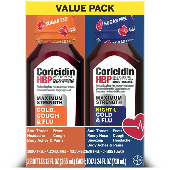 Coricidin HBP Maximum Strength Cold & Flu Day & Night Sugar-Free Liquid Twinpack, Decongestant-Free Cold Medicine for Adults with High Blood Pressure -12 Fl Oz (Pack of 2)