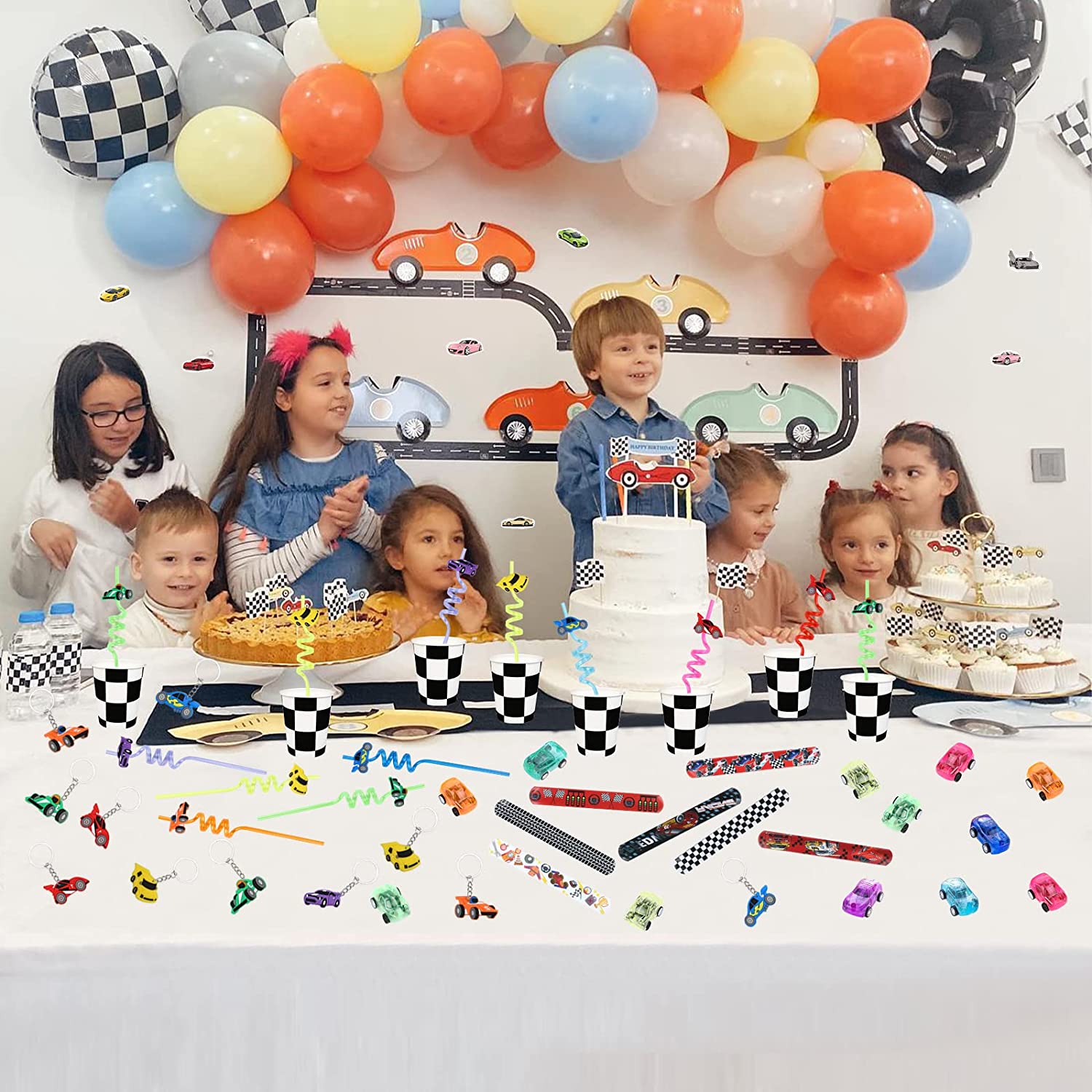 12 Pack Race Car Birthday Party Favors Set for Boys Kids Keychains Straws Slap Bracelets Mini Race Cars Sticker Racing Car Theme Birthday Party Supplies Baby Shower Treat Gift Goodie Bag Pinata Filler