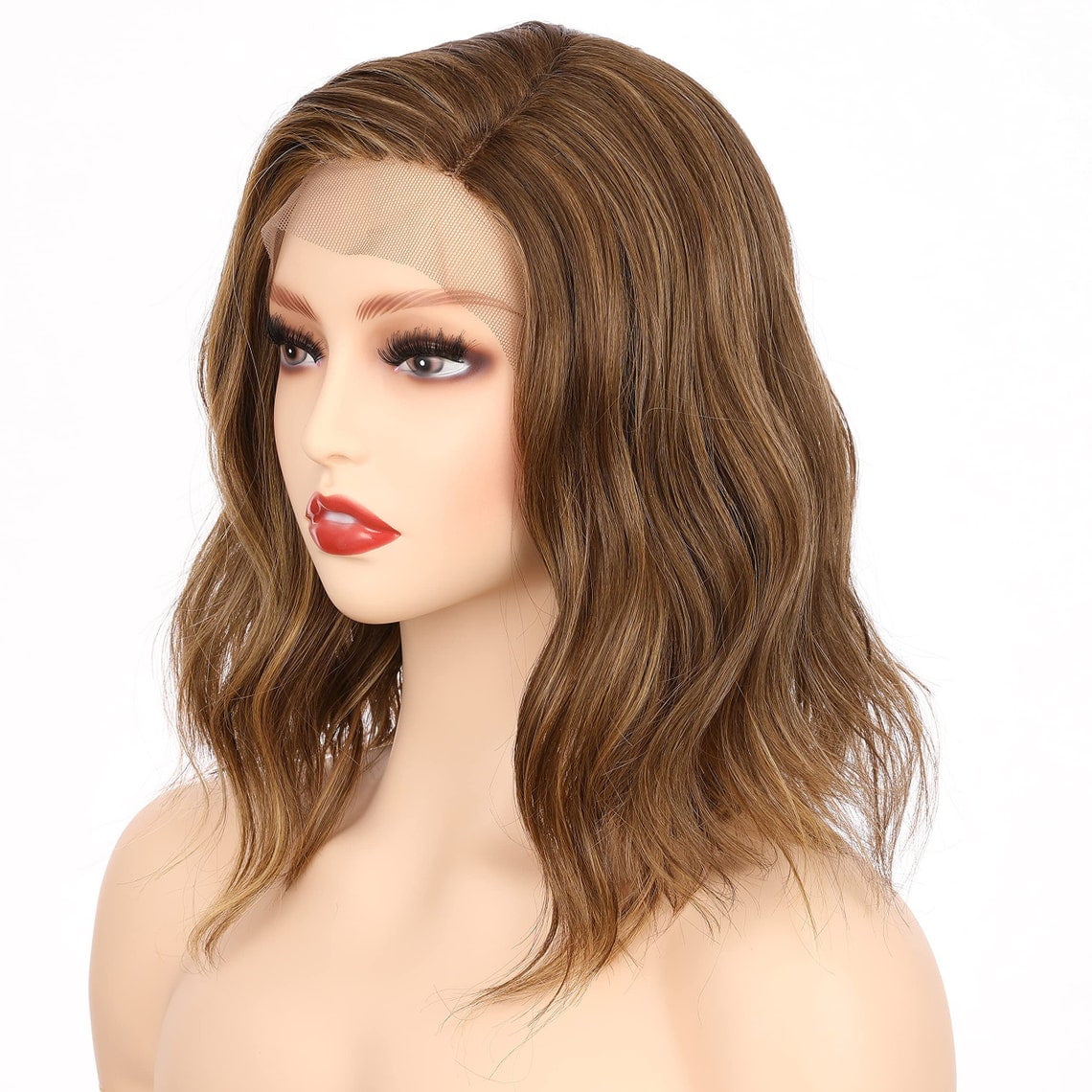 Onedor Shoulder Length Side Part Lace Front Short Wavy Hair Bob Wigs for Women (Light Brown Evenly Blended with Dark Natural Blonde)
