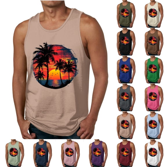 SGFCWSX Men's Tank Tops Graphic Sleeveless Shirts Lightweight Breathable Beachwear for Vacation Casual Wear Khaki Size XL
