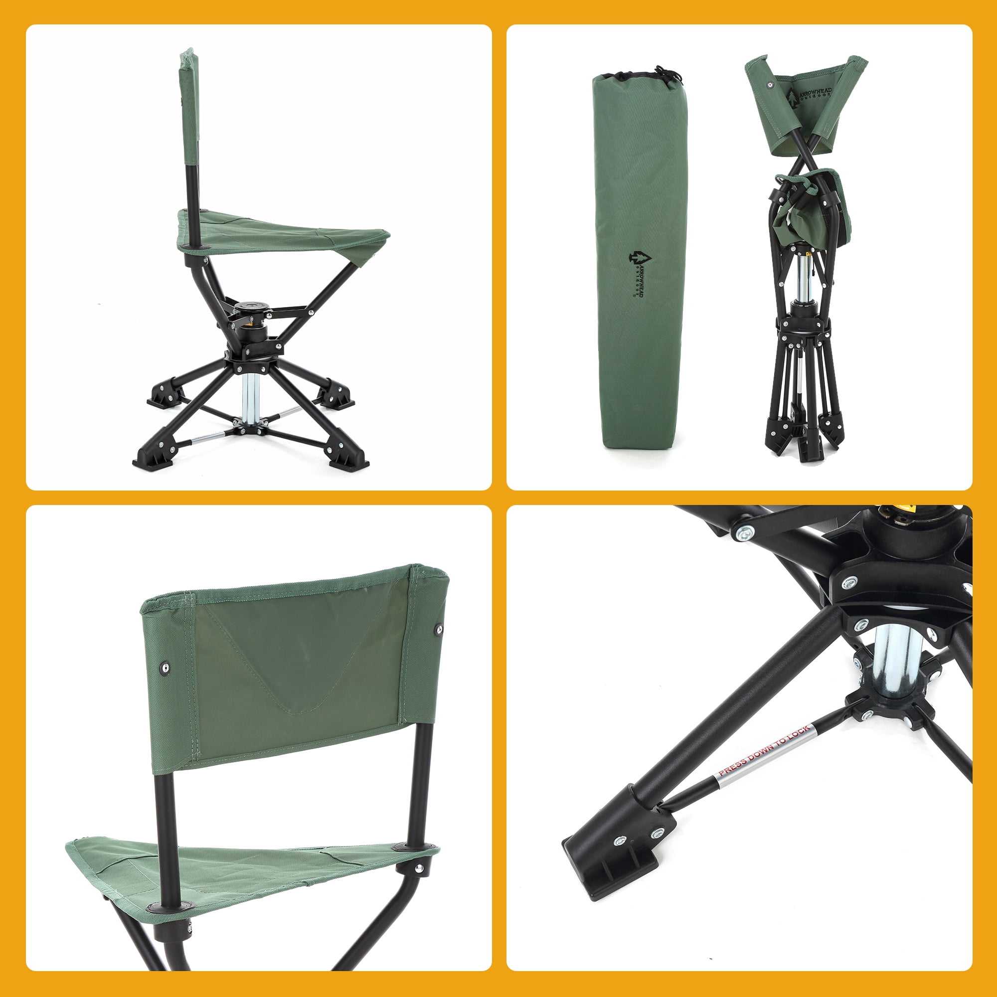 ARROWHEAD OUTDOOR KKS0314U  Degree Swivel Hunting Fishing Chair Stool Seat, No Sink Feet, 600D Canvas, Army Green