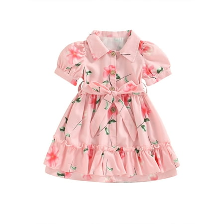

Toddler Girl Floral Dress Short Sleeve Lapel Neck Button Front Tie Up Straps Waist Ruffle Hem Princess Skirt