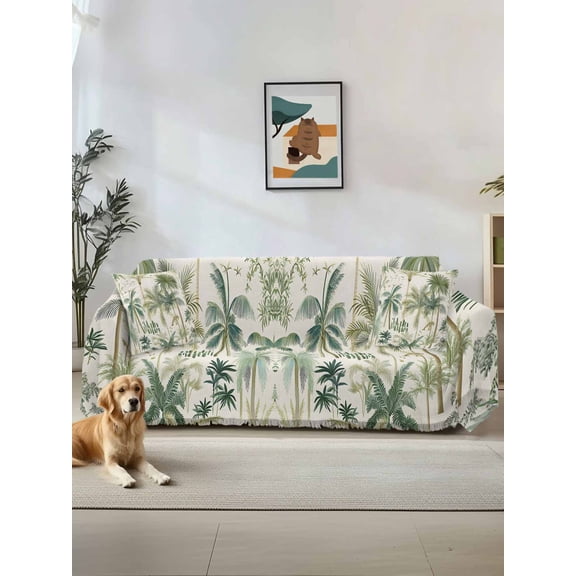 Green Palm Trees Sofa Covers for 2-3 Cushion Couch L-Shaped Sectional, Tropical Summer Botanical Washable Sofa Covers Slipcover for Living Room Furniture, Couch Cover Blanket 71"x134"