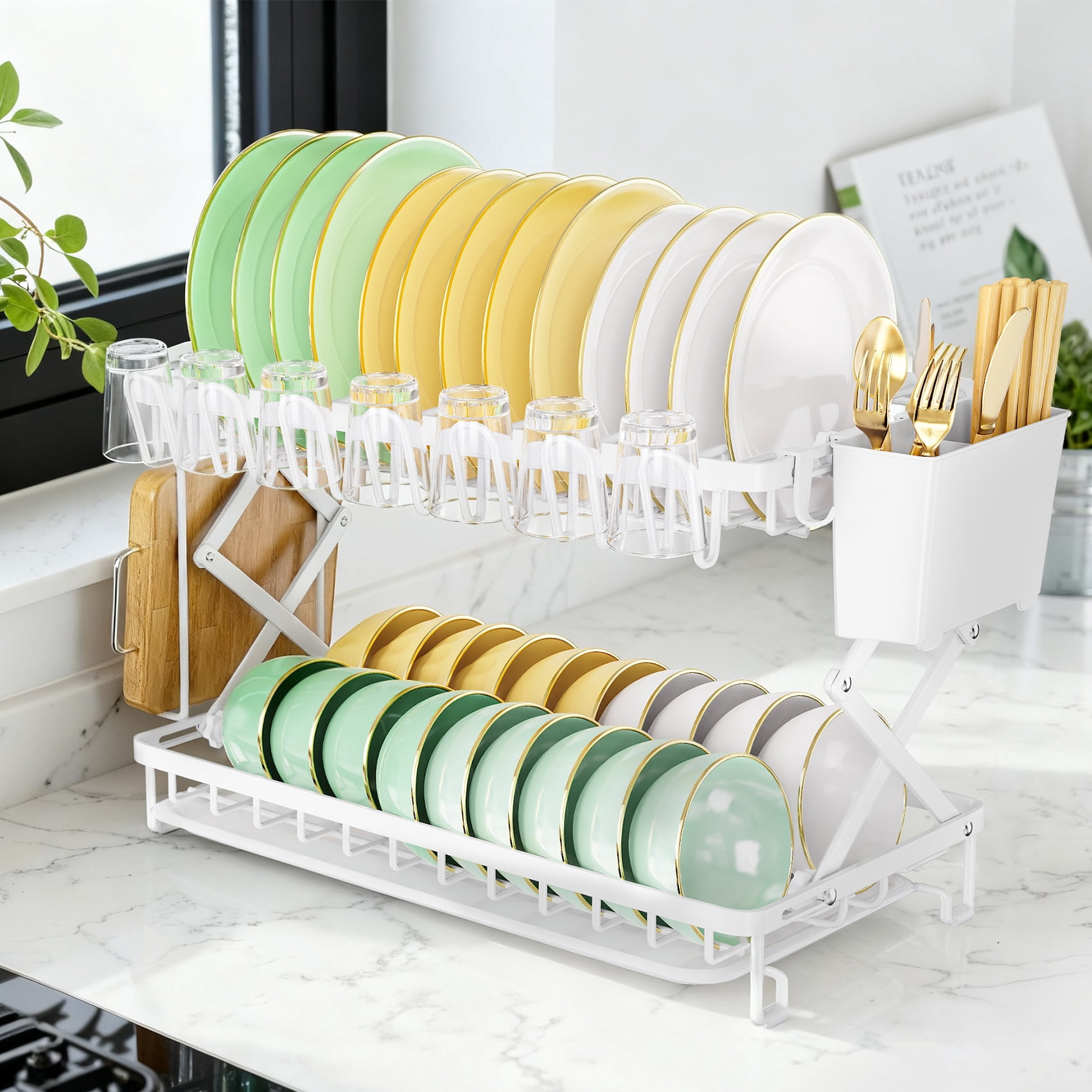Glovv 2-Tier Large Dish Racks for Kitchen Counter, Space Saving Collapsible Dish Drying Rack, Dish Drainer Sink Organizer with Utensil Holder for Dishes, Spoons and Forks, White
