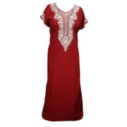 Mogul Womens Embroidered Caftan Dress Red Kaftan Boho Chic Maxi Dresses M