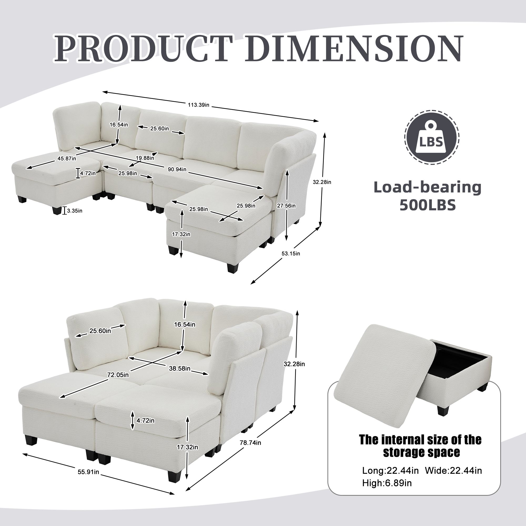 MOONMISS 6-Seat Polyester Upholstered U-Shaped Modular Storage Sleeper Sectional Sofa with Storage Ottoman-Beige