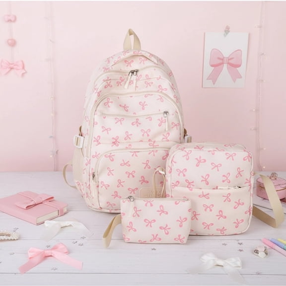 Coquette Bow Backpack Set - 3pcs Cute Pink Kawaii Backpack with Large Capacity - Stylish Daypack for College, Travel & Daily Use, Gift for Women & Teens