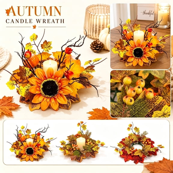 Set of 2 Autumn Sunflower Candle Ring Wreaths, Artificial Maple Twig Berry Mini Wreath for Thanksgiving Dining Table Centerpiece Decor (A)