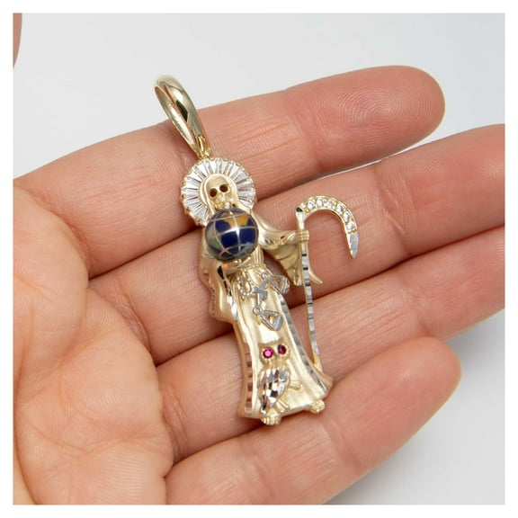 CZ Santa Muerte Angel of Death Unisex Adult Pendant 10K Yellow White Gold, 7.40 Gr - Goldum NYC