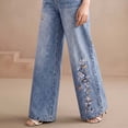 thumbnail image 6 of Women's High Waist Floral Embroidery Wide Leg Jeans Vintage Washed Straight Trousers for Spring Autumn Daily Commute, 6 of 6