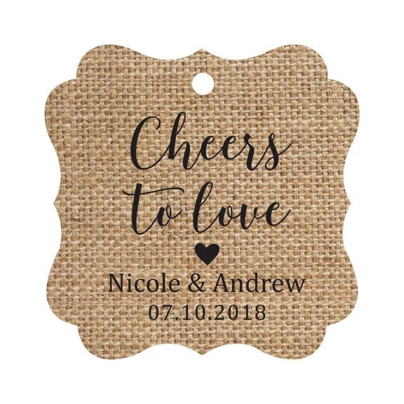 Darling Souvenir Cheers to Love Bottle Tag Personalized Wedding Favor Custom Hang Tags-Burlap-100 Tags