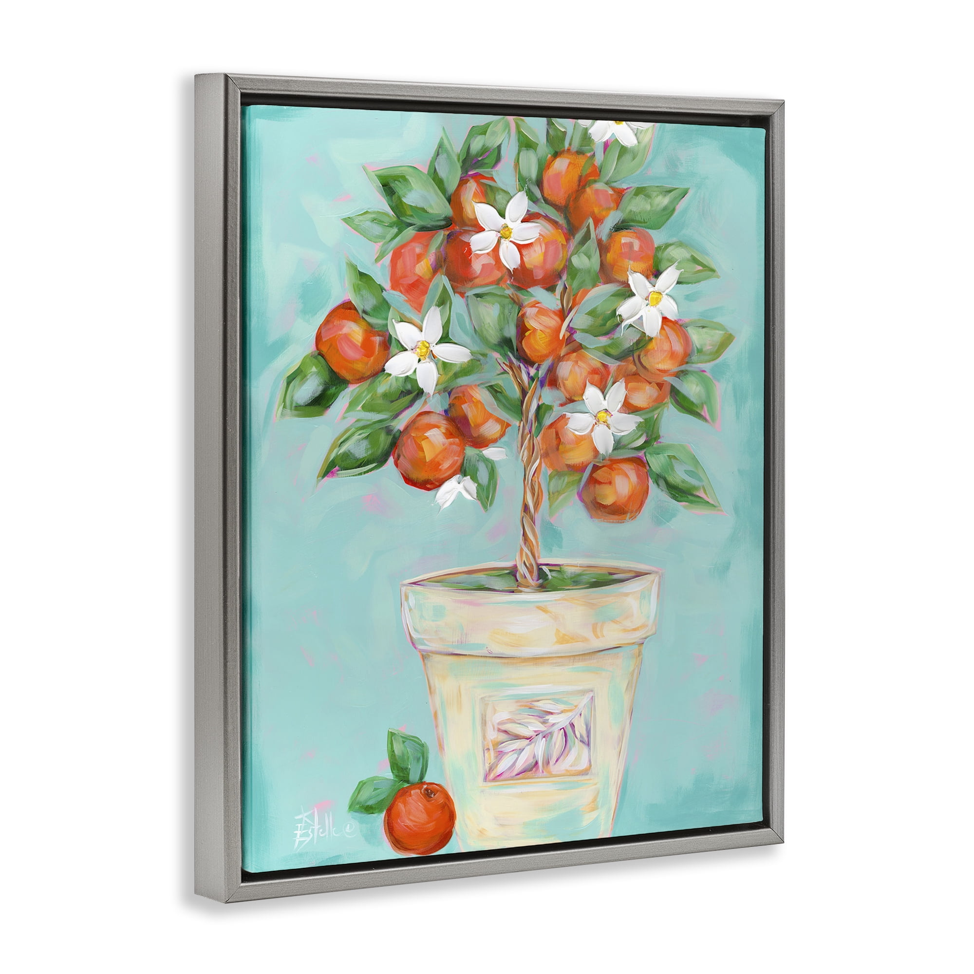 Stupell Industries Orange Blossom Clay Pot Food & Beverage Painting Gray Floater Framed Art Print Wall Art, 25 x 31