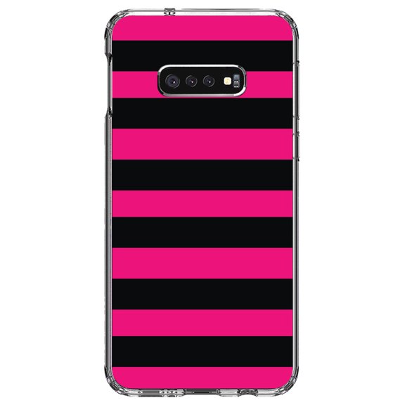 DistinctInk Clear Shockproof Hybrid Case for Samsung Galaxy S10e (5.8" Screen) - TPU Bumper, Acrylic Back, Tempered Glass Screen Protector - Black & Pink Bold Horizontal Stripes