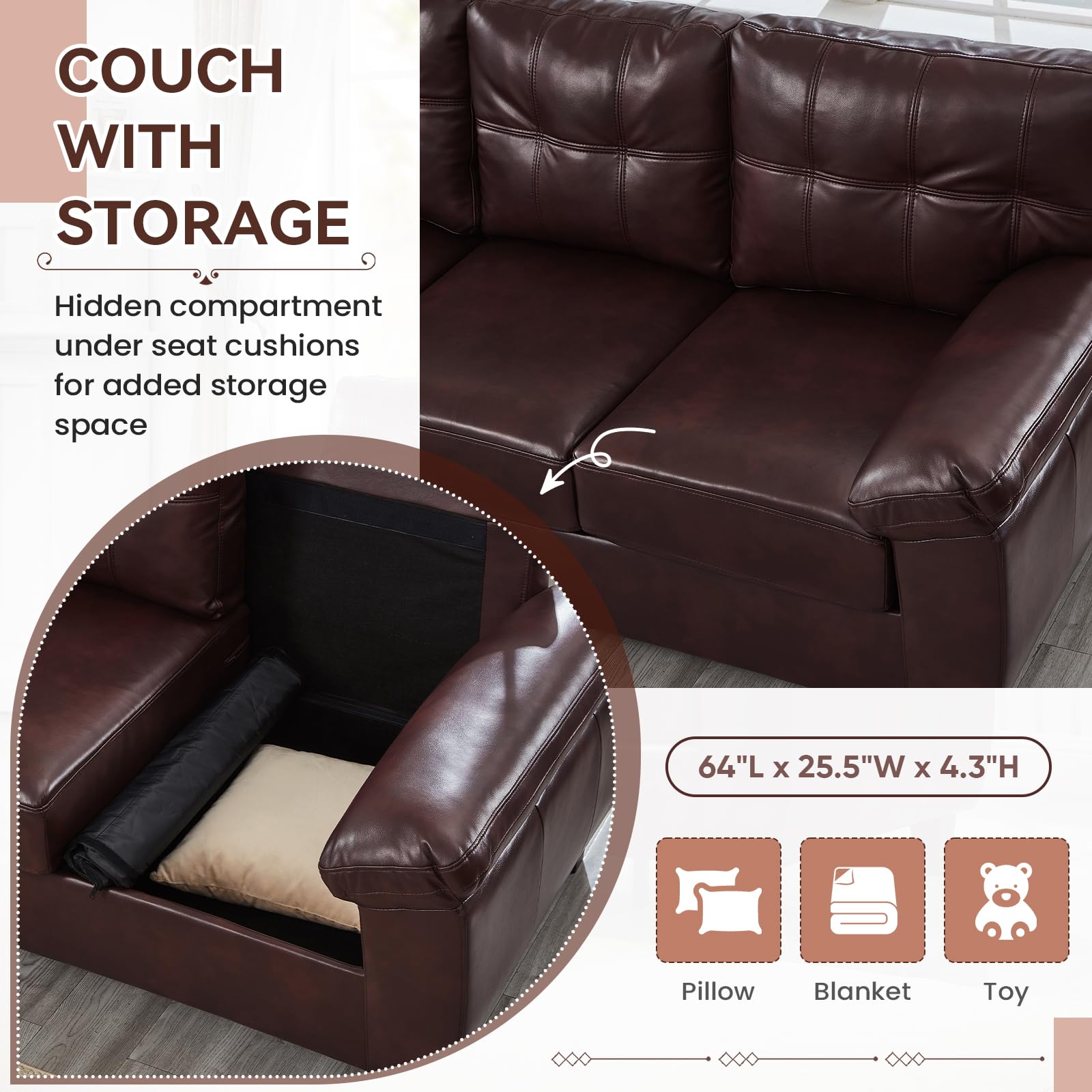 Aukfa 2-Piece PU Leather Sofa Set, Vintage 3-Seater Couch and Loveseat with Storage Space, Upholstered Living Room Furniture Set, Burgundy