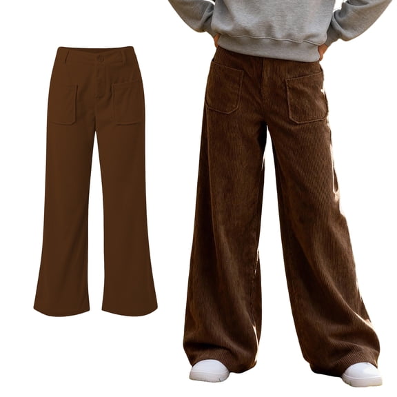 Girls Casual Pants Corduroy High Waist Girls Brown Pants Wide Leg Girls Loose Pants School Pants 13-14 Years