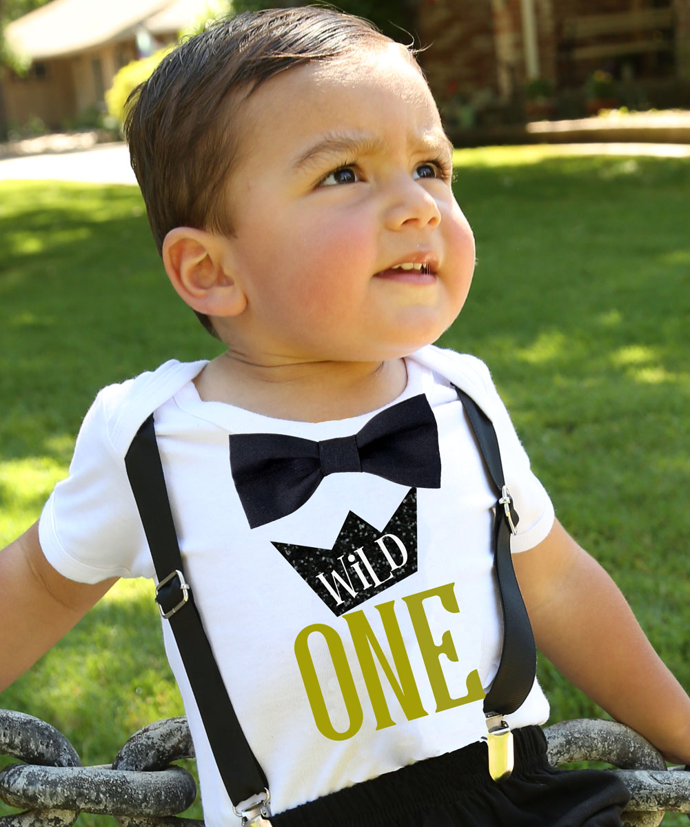 Wild One Boys First Birthday Shirt Outfit Boy with Black Bow Tie Black Suspenders and  Gold  Saying Cake Smash 1st Birthday Party Noah's BoytiqueNoah's Boytique 6-12  Months - image 4 of 5