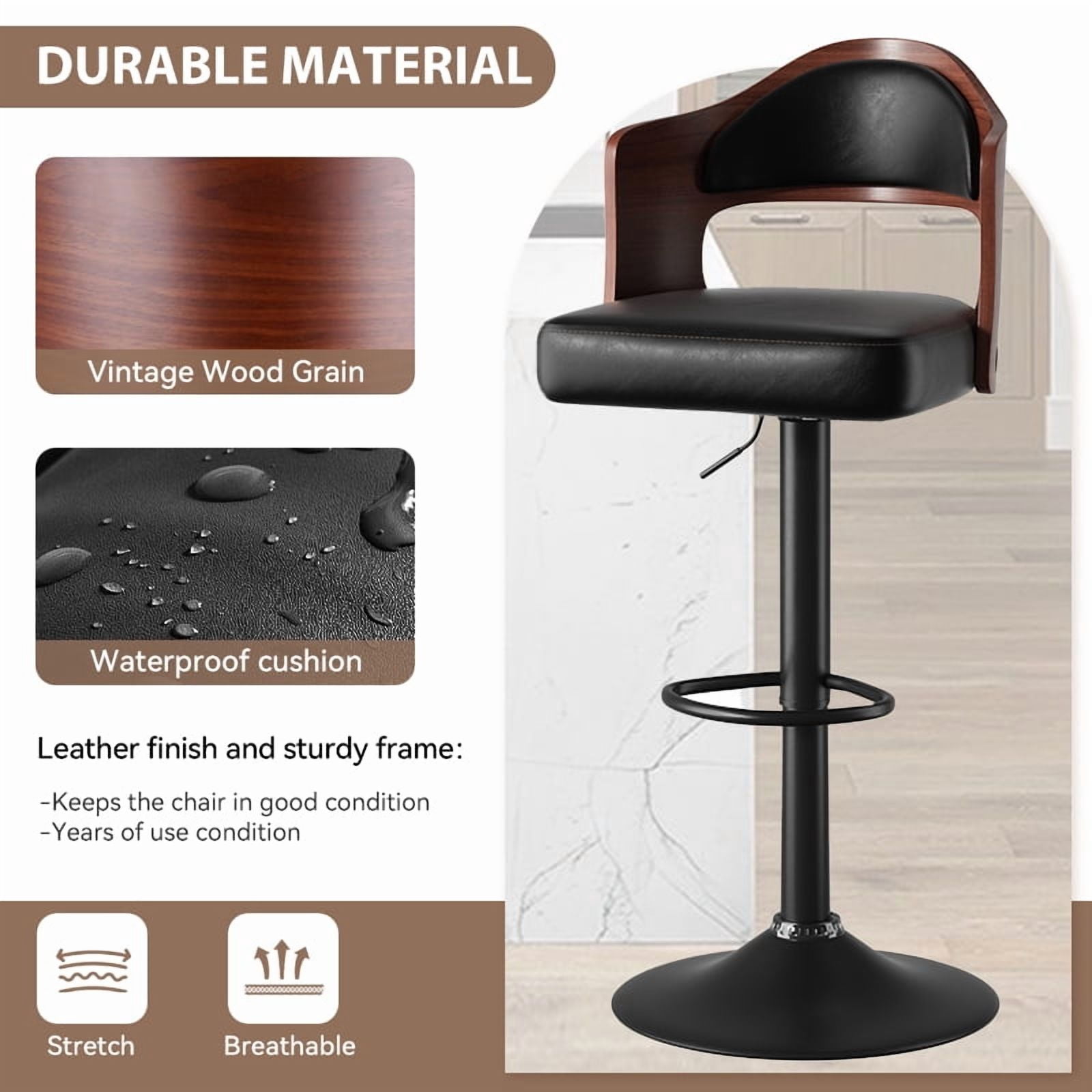 MOONMISS Swivel Bar Stools Set of 2, Wooden Kitchen Bar Chairs with Back, PU Leather Counter Height Barstools for Kitchen Island,