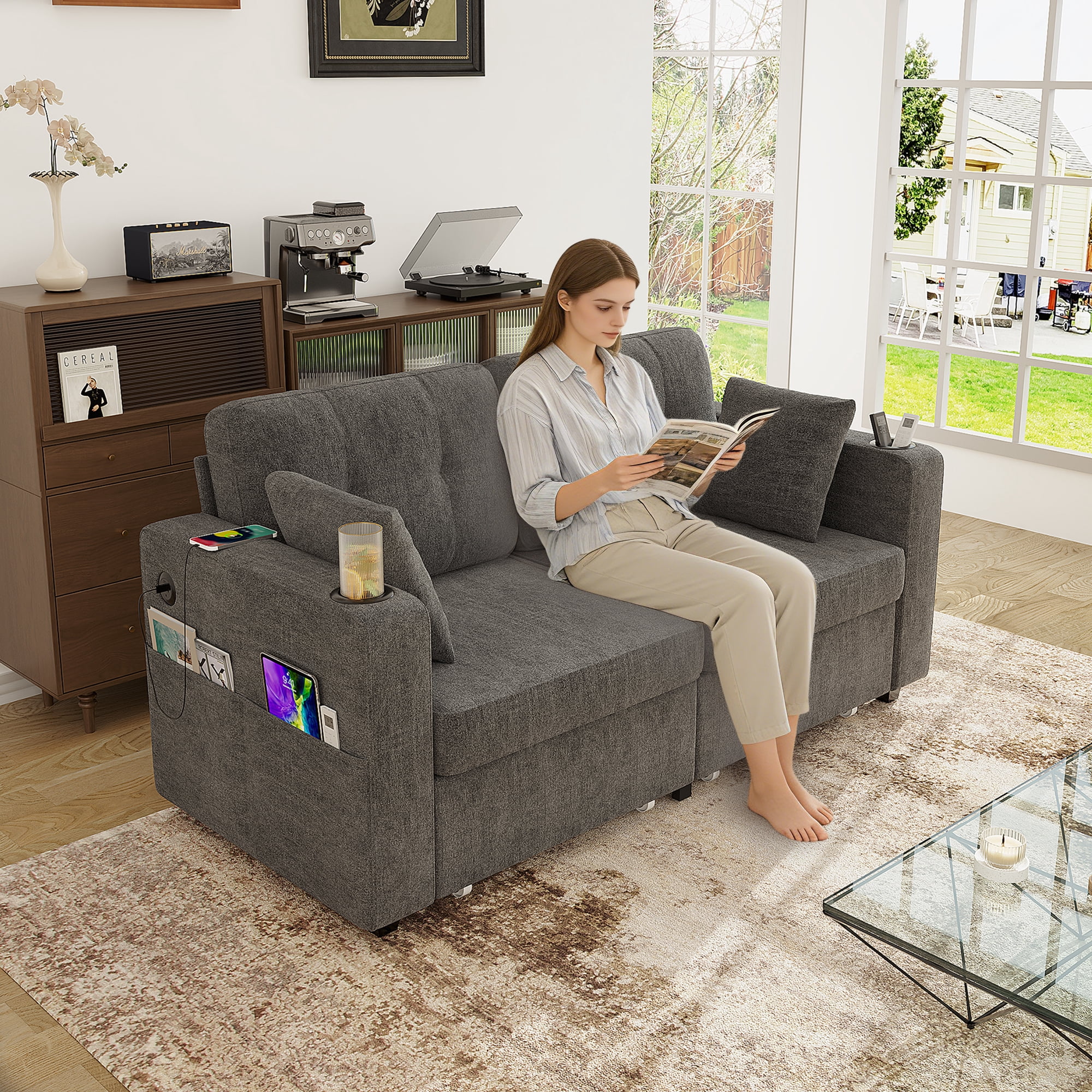 68" Chenille Two Seater Couch, Living Room Loveseat with Usb Charging, Upholstered Loveseat with Storage for Living Room, Gray