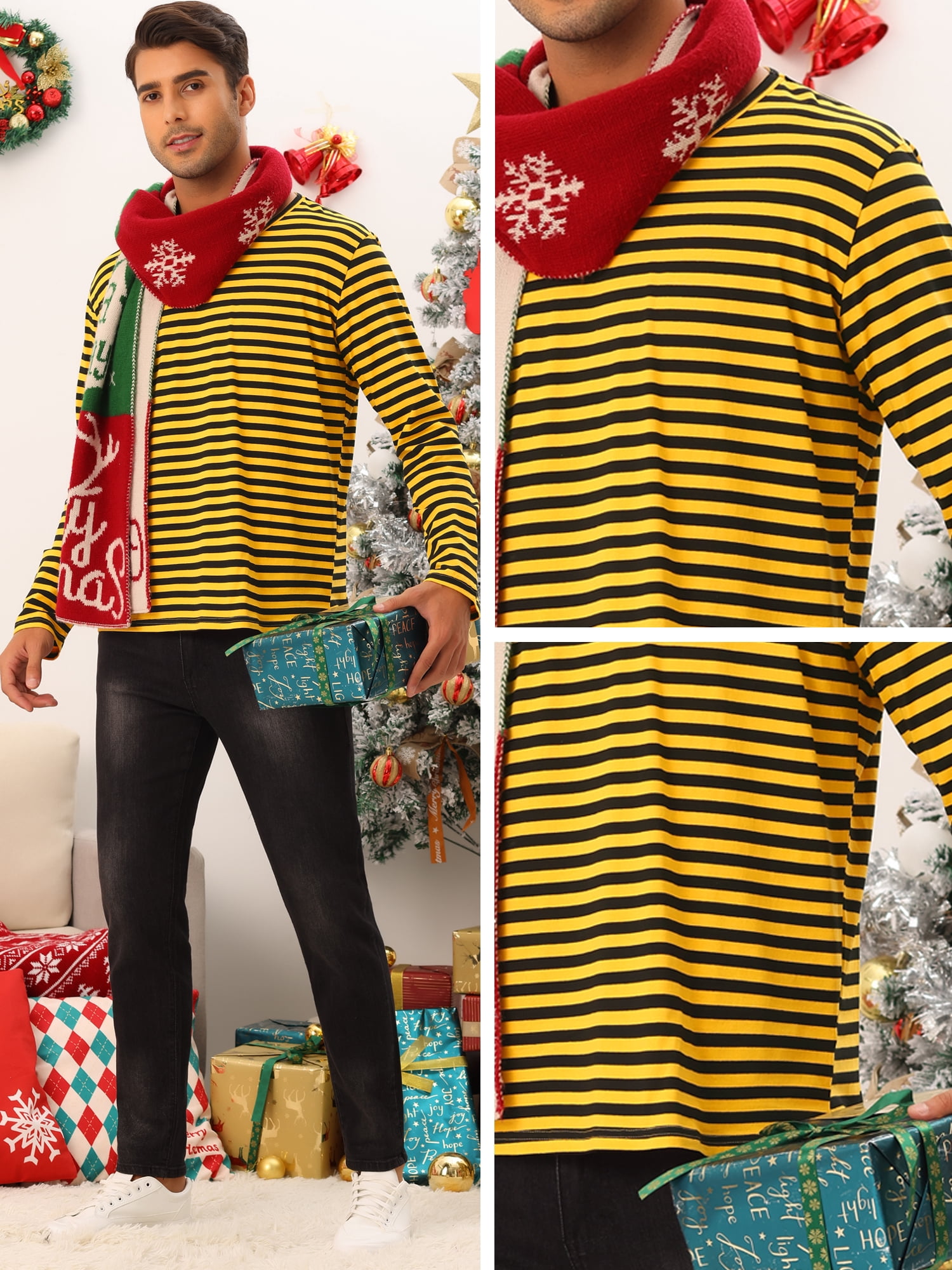 Unique Bargains Men's Striped T-Shirt Crew Neck Long Sleeves Pullover Tee Tops M Yellow Black