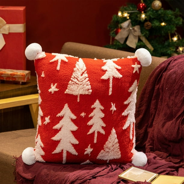 Cojín Cuadrado de Peluche Rojo con Forma de Árbol de Navidad | Cojín Decorativo Navideño de 40 Cm | Tela Suave | 550 G | Ideal para Regalar