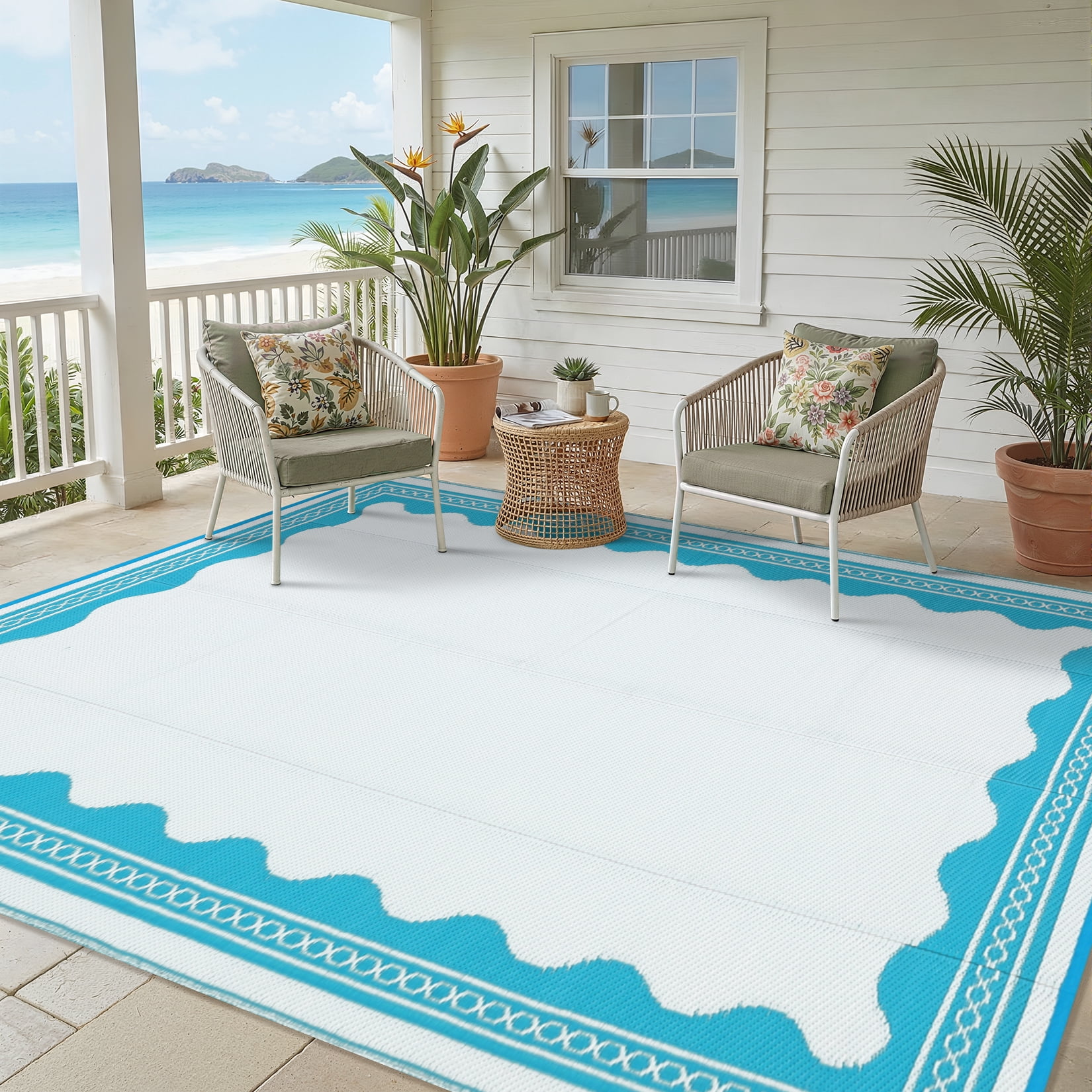 HIWEAVER Light Blue 9'x 12' Outdoor Rug Garden Decor Scolloped Bordered Carpet Plastic Straw Waterproof Reversible Patio Area Rug for Balcony Deck Picnic Portable Camping Mat