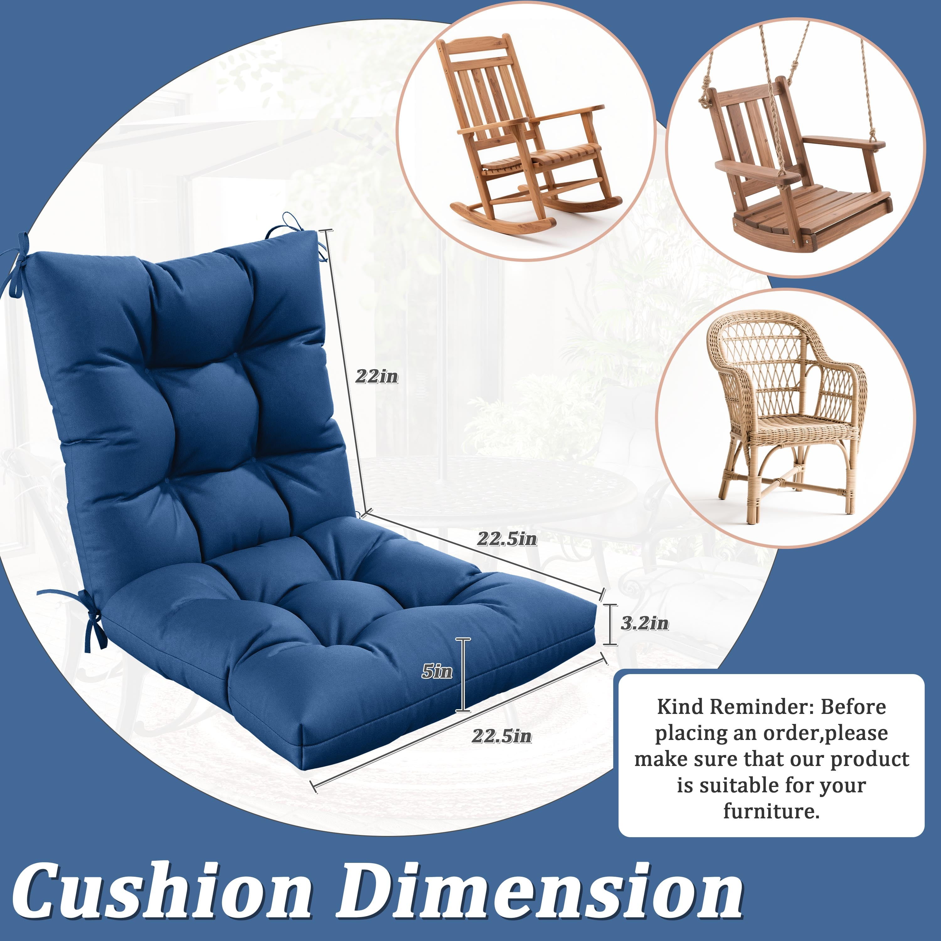 Snubbull Swing Cushions Set of 2, 42" × 21" × 5" Waterproof Rocking Chair Cushions with Ties for Outdoor Indoor Single Seat Cushions, Blue