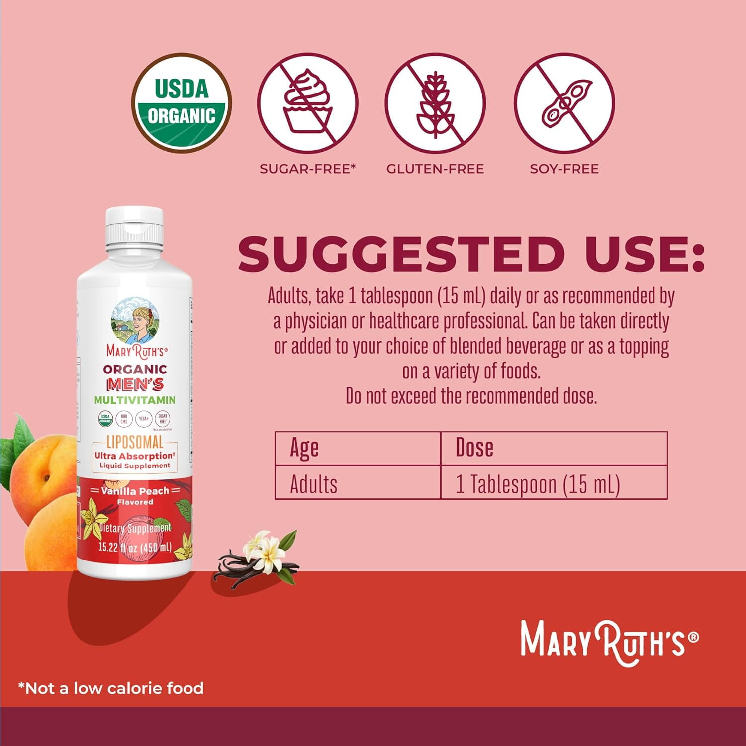 MaryRuth's USDA Organic Men's Multivitamin Liposomal for Energy Support, Immunity, Metabolism, Overall Health, Vanilla Peach Flavor, 15.22 fl oz