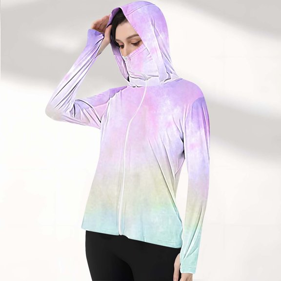 qelini Sun Protection Lightweight Jacket for Women with Zipper Long Sleeve Shirt with Thumb Hole Quick Dry Gradient Color Clothing for Outdoor Hiking Clothing