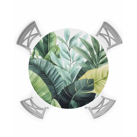 nqOlkjepod Tropical Plants Round Tablecloth, Fitted Table Cover with Elastic for 36"-44" Round Tables, Country Summer Green Palm Leaves Table Cloth Outdoor Dinning Party Waterproof Tablecloths