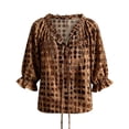 thumbnail image 3 of Women Abstract Geometric Print Drawstring V Neck Ruffled Top,Brown,3XL, 3 of 3