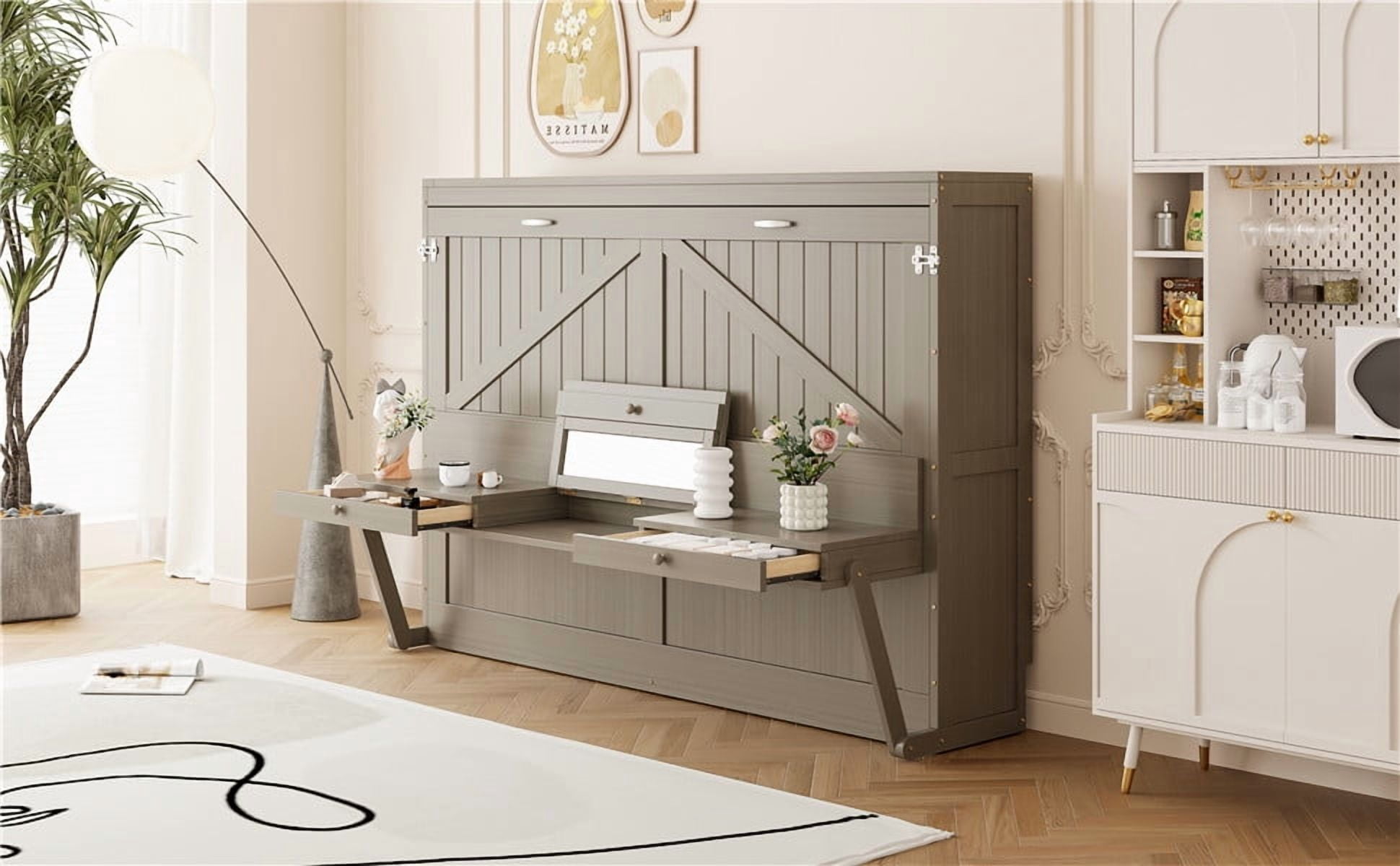 Mintazer Queen Murphy Bed with Vanity Desk, Modern Foldable Wall Bed with Center Mirror for Bedroom Apartment Guest Room, Distressed Gray