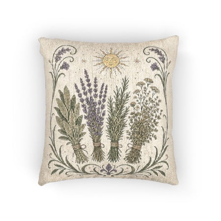 Cream Sage and Lavender Herb Bundles with Sun and Ornamental Vines Decorative Woven Pillow Botanical Style