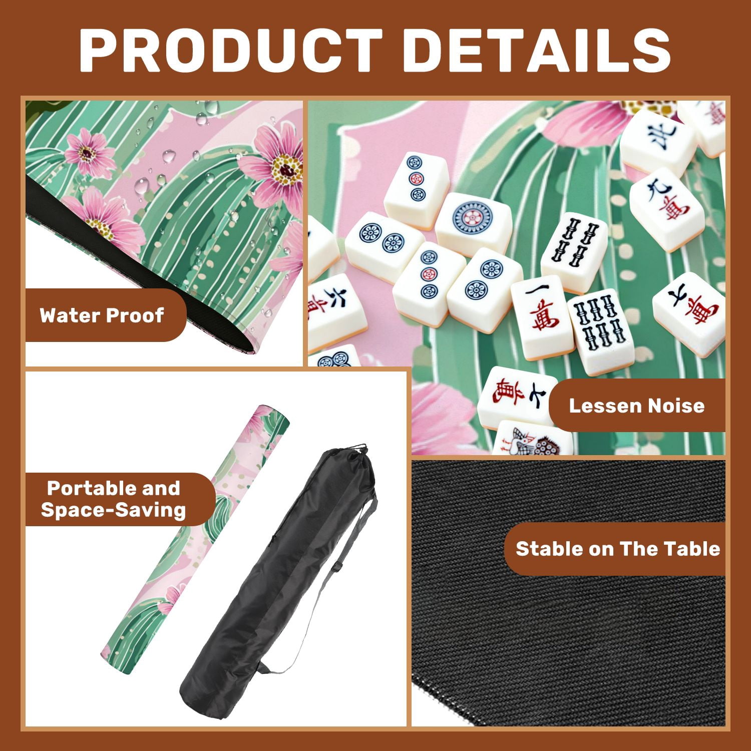 Mahjong Mat 31.5" x 31.5" Cactus pink flowers light seamless Non-Slip Noise Reduction American Mahjong Tiles Table Cover for Dominoes Poker Card Board Games Gift