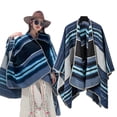 thumbnail image 4 of Women's Shawl Wrap Boho Stripped Open Front Retro Poncho Cape for Fall Winter (Blue), 4 of 5