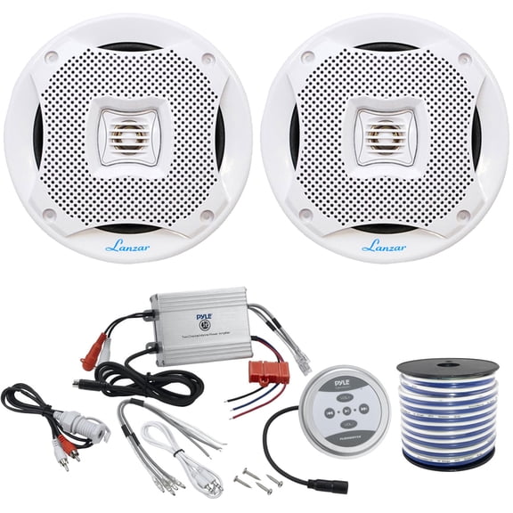 2 x Lanzar 400W 6.5" 2-Way White Marine Coaxial Speakers, Pyle Waterproof 600 Watt Bluetooth 2-Channel Boat Yacht Amplifier System, Enrock Marine-Grade 18-Gauge Speaker Wire