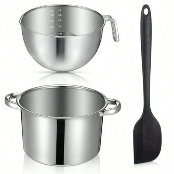 3Piece Double Boiler Chocolate Melting Pot Set Include 2500ml/2.3QT Mixing Bowl and 4000ml/3.63qt Stainless Steel Pot Silicone Spatula For Candy Soap Wax Candle Making Supplies Induction Safe