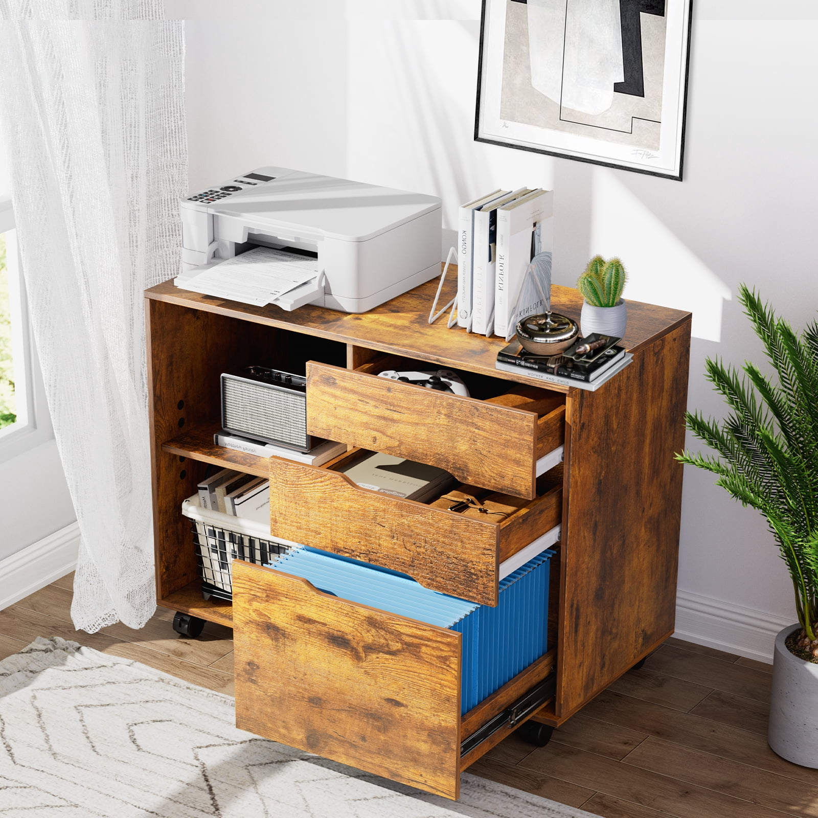 CONCETTA 3 Drawer Mobile File Cabinet with Lock, Under Desk File Storage for Home Office, Rust
