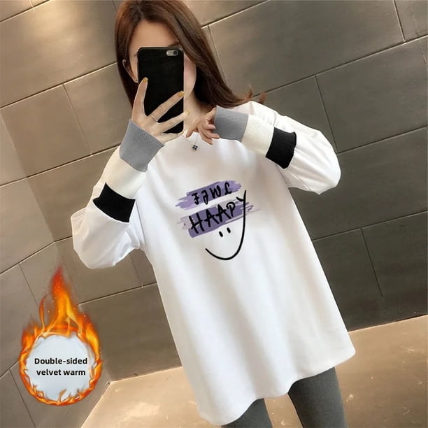 Camiseta interior de mujer con forro polar, manga larga, algodón, estampado, largo medio, holgada, gruesa, para otoño/invierno