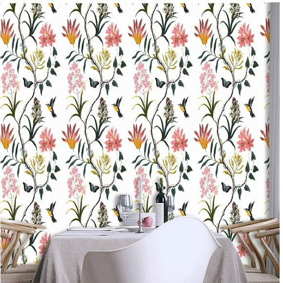 Vinyl Floral Peel and Stick Wallpaper 17.7inch x 118inch/Roll Removable Self Adhesive Wallpaper Flower Stick on Wallpaper for Bedroom Walls Decor