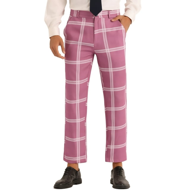 INSPIRE CHIC Plaid Pants for Men's Color Block Slim Fit Flat Front Checked Dress Pants S Pink