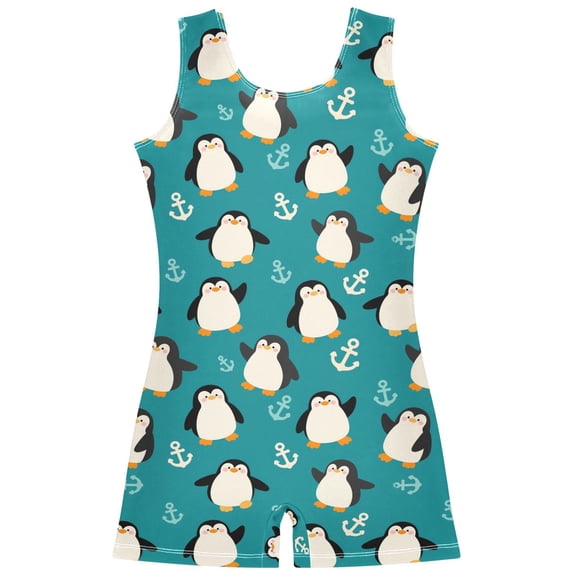 Gymnastics Leotard Sleeveless Cartoon Penguin and Anchor Stretchy Dance Bodysuit Breathable Athletic Ballet Yoga Outfit for Ages 3-14