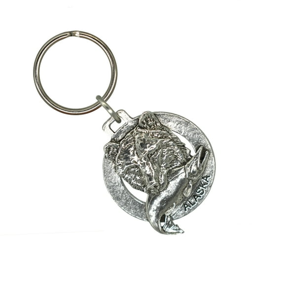 Alaska Grizzly with Salmon Keychain, Bear, Brown Bear, Fish, Fishing, A610KC, Key Fob, Key Ring, Keys, Zipper Pull, Luggage Tag, Pewter, Backpack, Over 300 Keychains Designs, Handmade in the USA