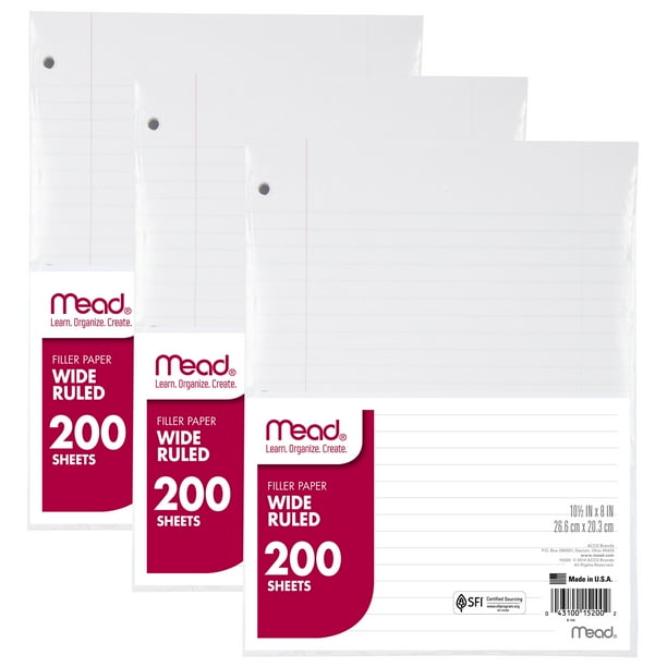 Mead Filler Paper, Loose Leaf Paper, Wide Ruled, 200 Sheets/Pack