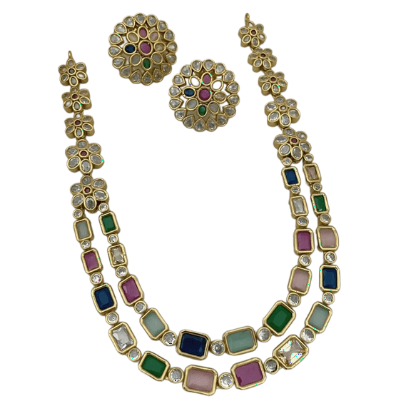 South Indian Bollywood Antique Gold Plated Double Layer AD CZ Multicolor Navratna Block Stone Haaram Matte Finish Brass Necklace with Matching Earrings – Bridal & Party Wear Jewelry Set