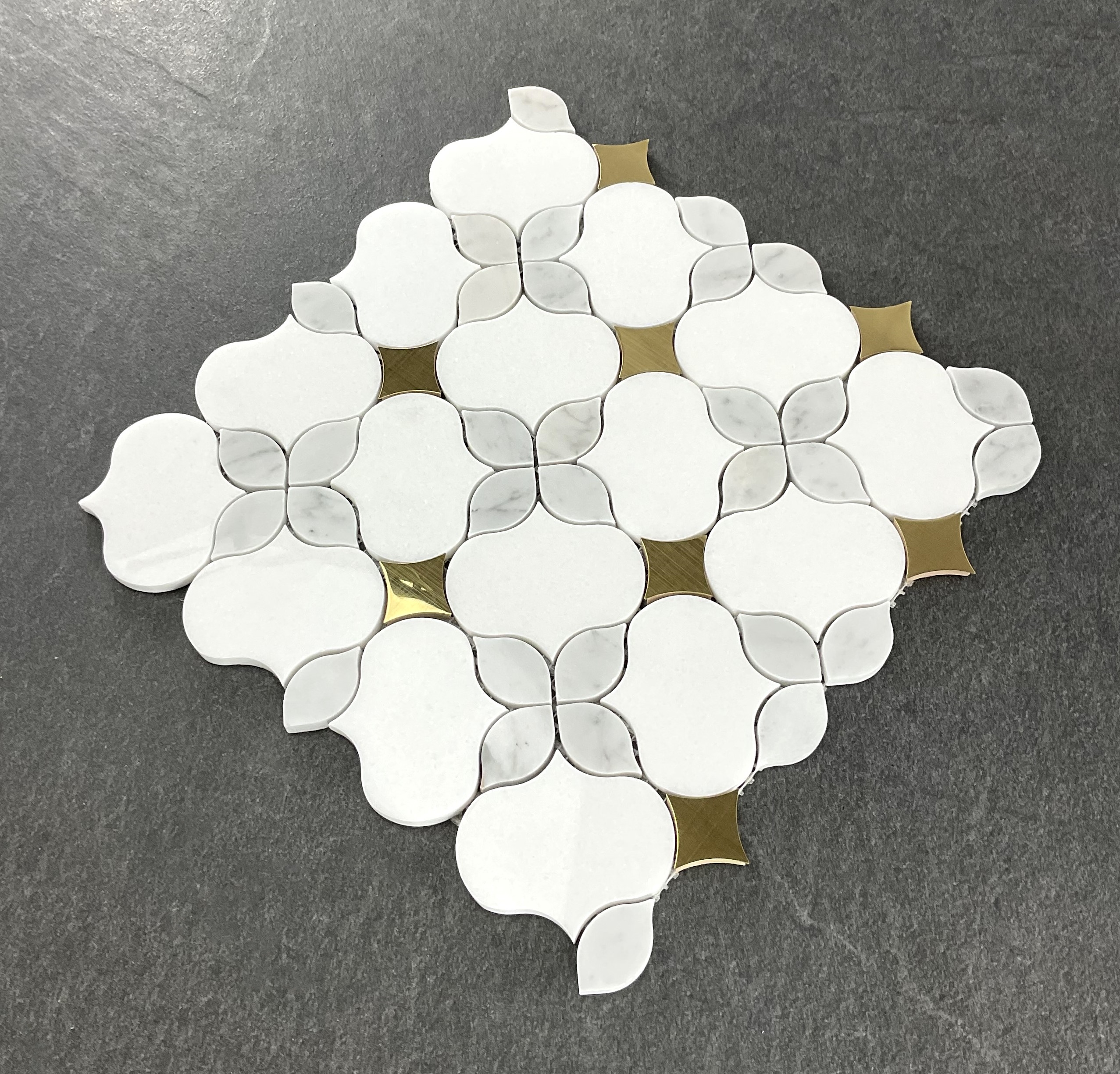 Waterjet Thassos White Marble & Gold Metal Floral Novelty Mosaic Wall & Floor Tile - Case (10 Sheets)
