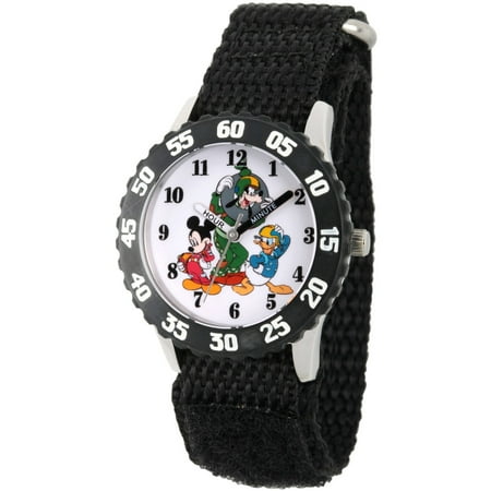 Mickey Mouse Wrist Watch - Disney Mickey Mouse, Donald Duck and Goofy Boys' Stainless Steel Time Teacher Watch, Black Bezel, Black Hook and Loop Nylon Strap